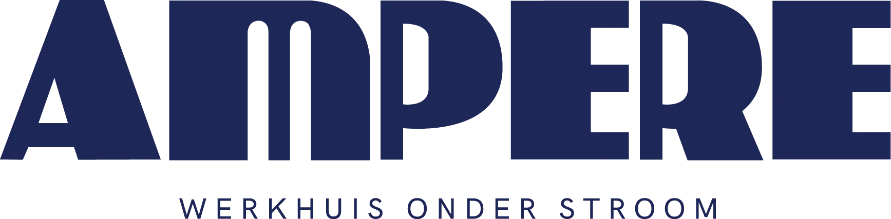 Blauw logo van Huis Ampère, werkhuis onder stroom en vergaderlocatie met karakter in een stijlvolle setting
